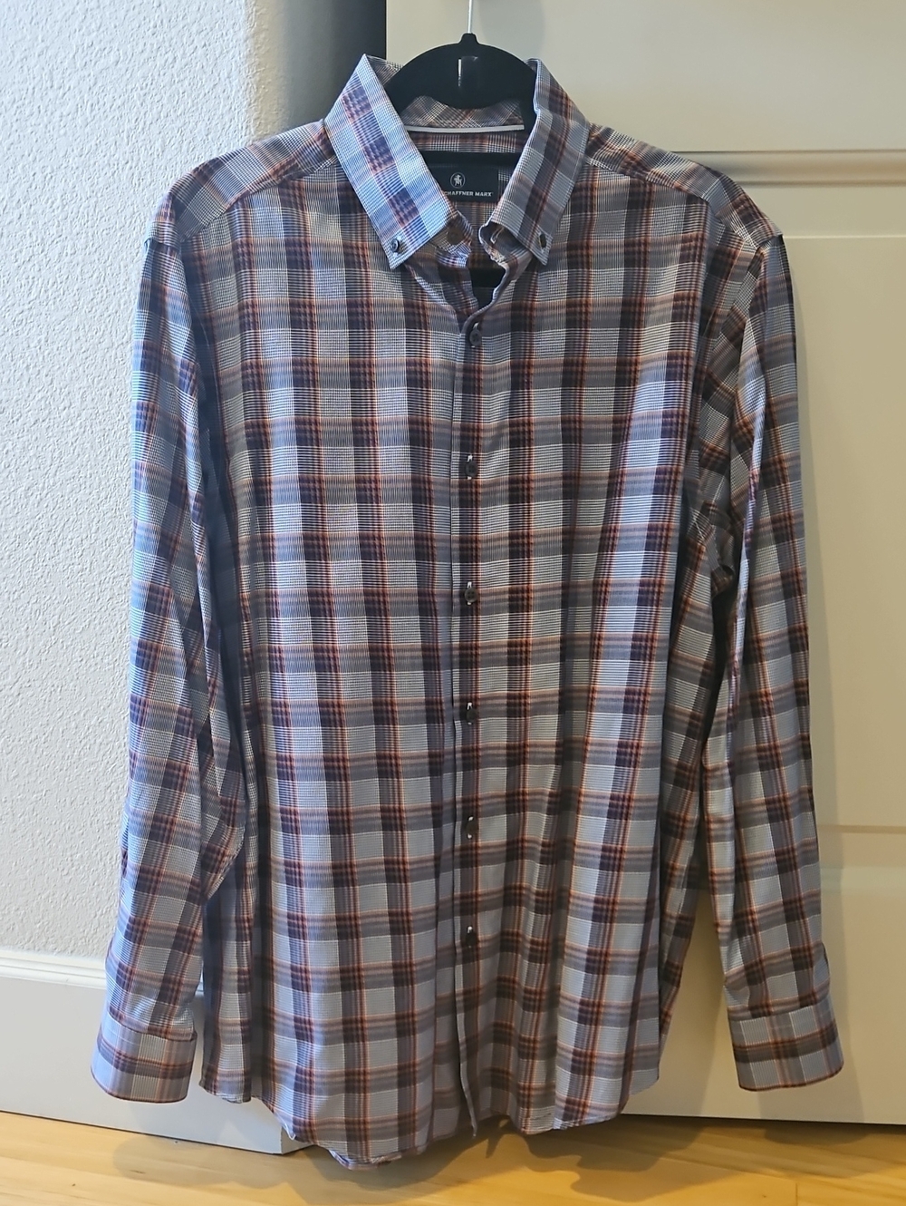 Hart Schaffner Marx Light Blue and Orange Plaid Button-Down Shirt